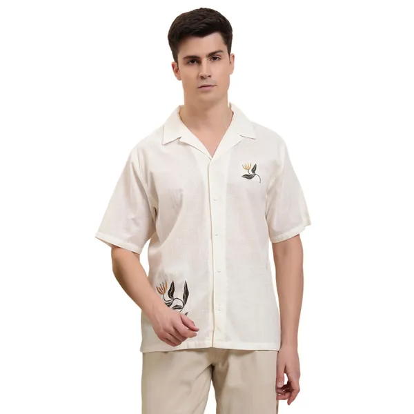 White_Organic_Cotton_Textured_Relaxed_Fit_Floral_Embroidered_Camp_Collar_Shirt_For_Men