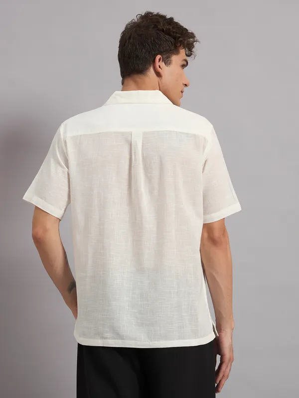 White_Organic_Cotton_Textured_Botanical_Embroidered_Relaxed_Fit_Shirt_For_Men