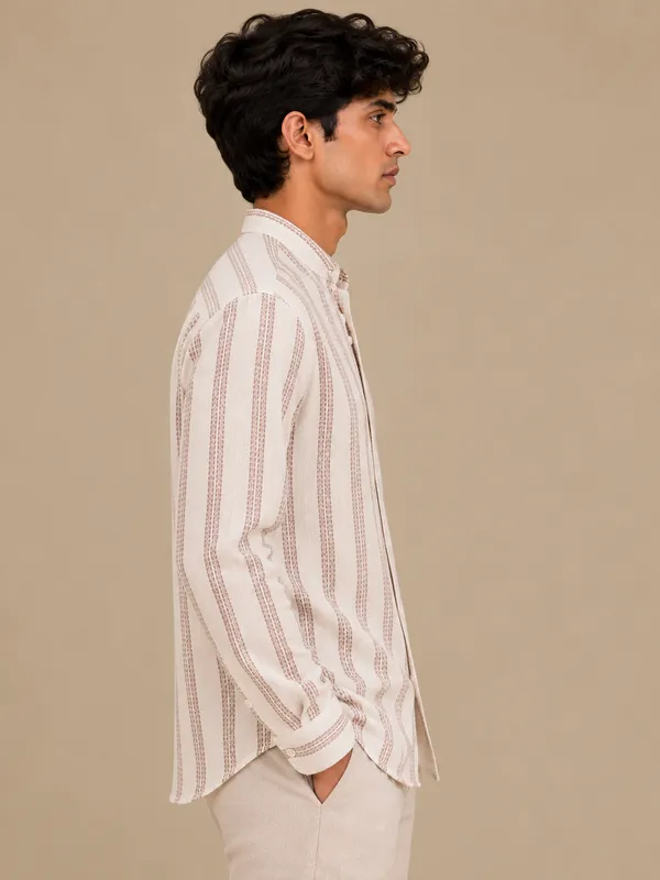 Off_White_Handloom_Linen_Striped_Band_Collar_Full_Sleeve_Shirt_For_Men