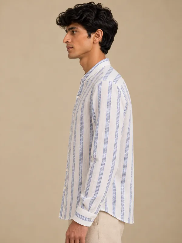 White_Handloom_Linen_Striped_Mandarin_Collar_Full_Sleeve_Shirt_For_Men