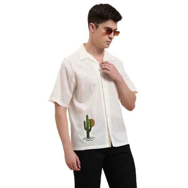 White_Organic_Cotton_Cactus_Motif_Open_Collar_Relaxed_Short_Sleeve_Shirt_For_Men