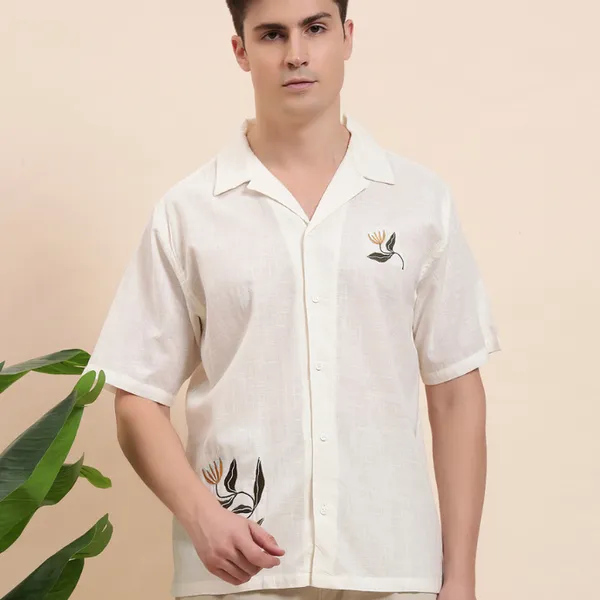 White_Organic_Cotton_Textured_Relaxed_Fit_Floral_Embroidered_Camp_Collar_Shirt_For_Men