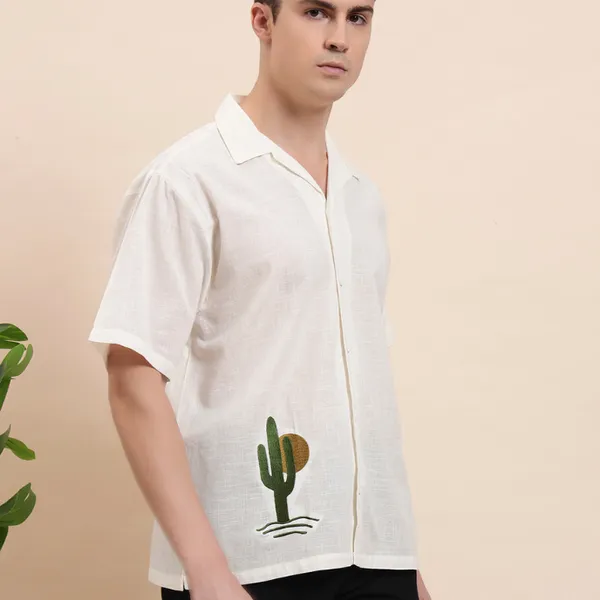 White_Organic_Cotton_Cactus_Motif_Open_Collar_Relaxed_Short_Sleeve_Shirt_For_Men