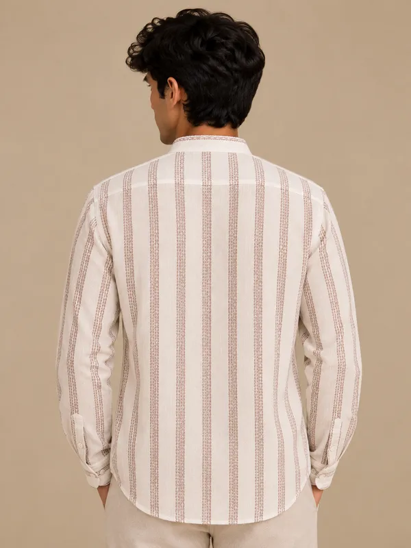 Off_White_Handloom_Linen_Striped_Band_Collar_Full_Sleeve_Shirt_For_Men
