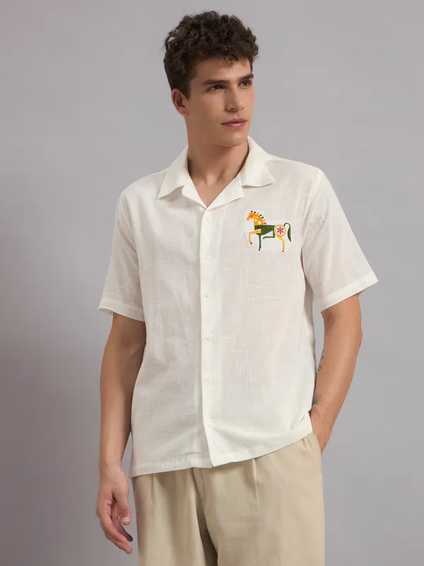 White_Organic_Cotton_Embroidered_Casual_Short_Sleeve_Shirt_For_Men