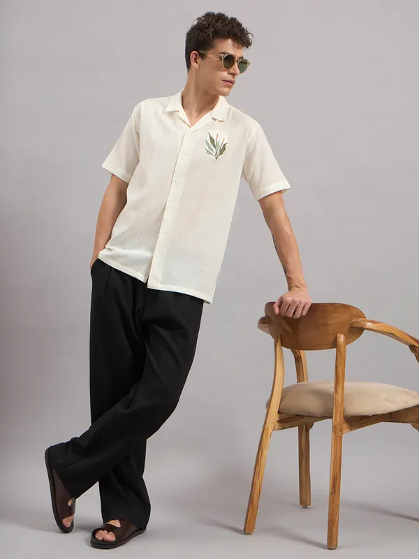 Cream_Organic_Cotton_Embroidered_Camp_Collar_Relaxed_Short_Sleeve_Shirt_For_Men