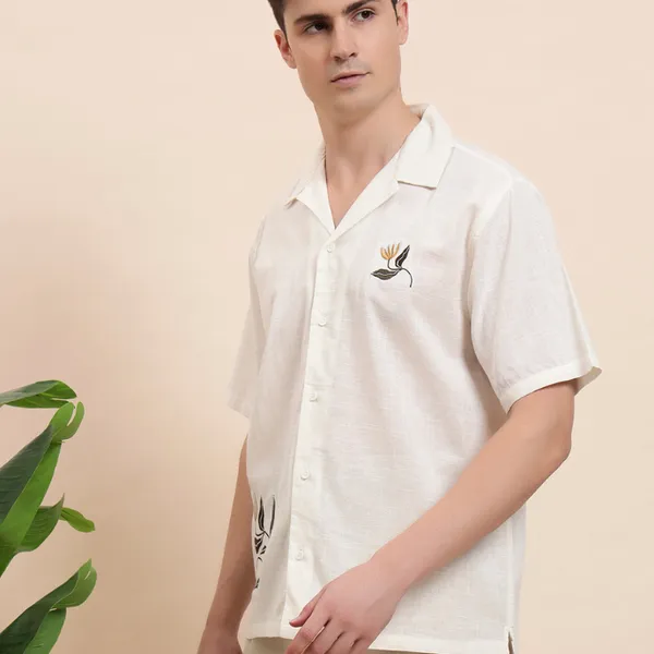 White_Organic_Cotton_Textured_Relaxed_Fit_Floral_Embroidered_Camp_Collar_Shirt_For_Men