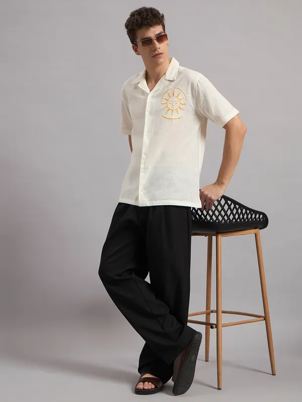 Cream_Organic_Cotton_Textured_Camp_Collar_Embroidered_Shirt_For_Men