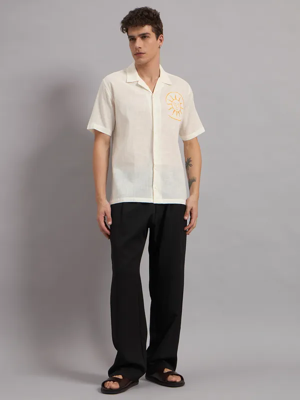 Cream_Organic_Cotton_Textured_Camp_Collar_Embroidered_Shirt_For_Men
