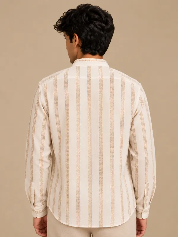 Cream_Organic_Cotton_Striped_Mandarin_Collar_Full_Sleeve_Shirt_For_Men