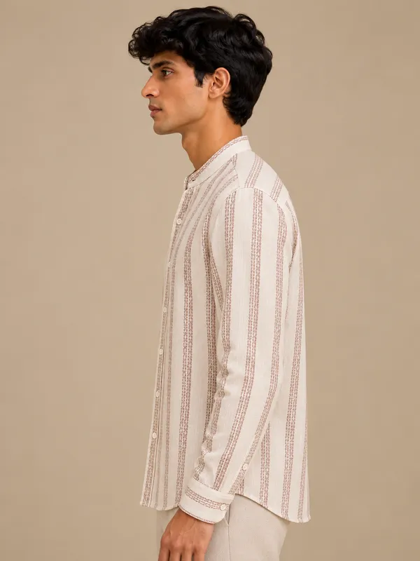 Off_White_Handloom_Linen_Striped_Band_Collar_Full_Sleeve_Shirt_For_Men