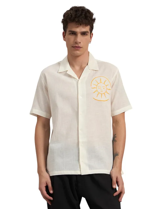 Cream_Organic_Cotton_Textured_Camp_Collar_Embroidered_Shirt_For_Men