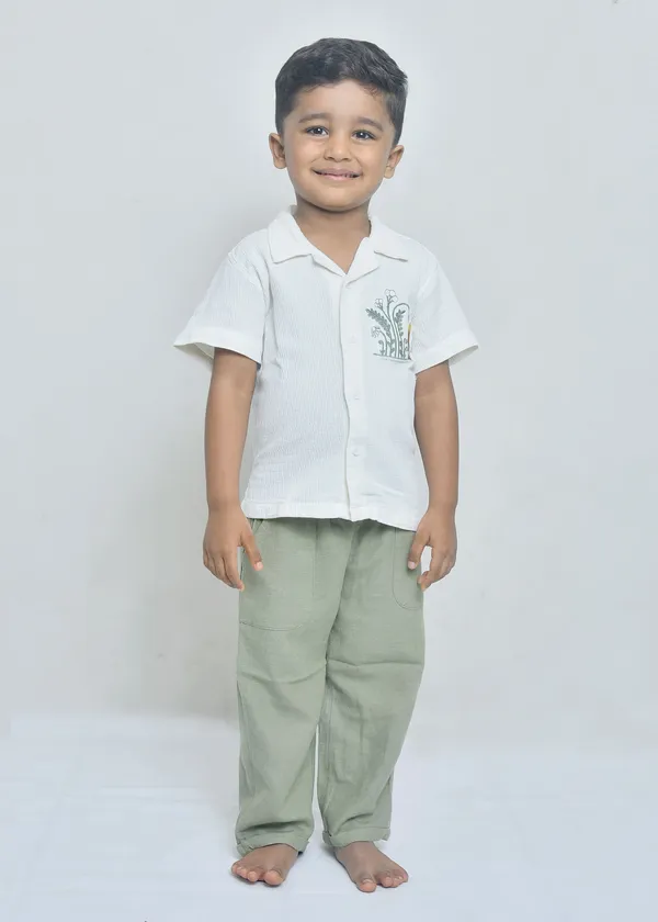 White_And_Green_Organic_Cotton_Botanical_Graphic_Shirt_And_Trousers_Set_For_Boys