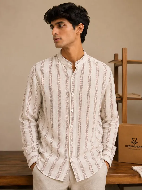 Off_White_Handloom_Linen_Striped_Band_Collar_Full_Sleeve_Shirt_For_Men