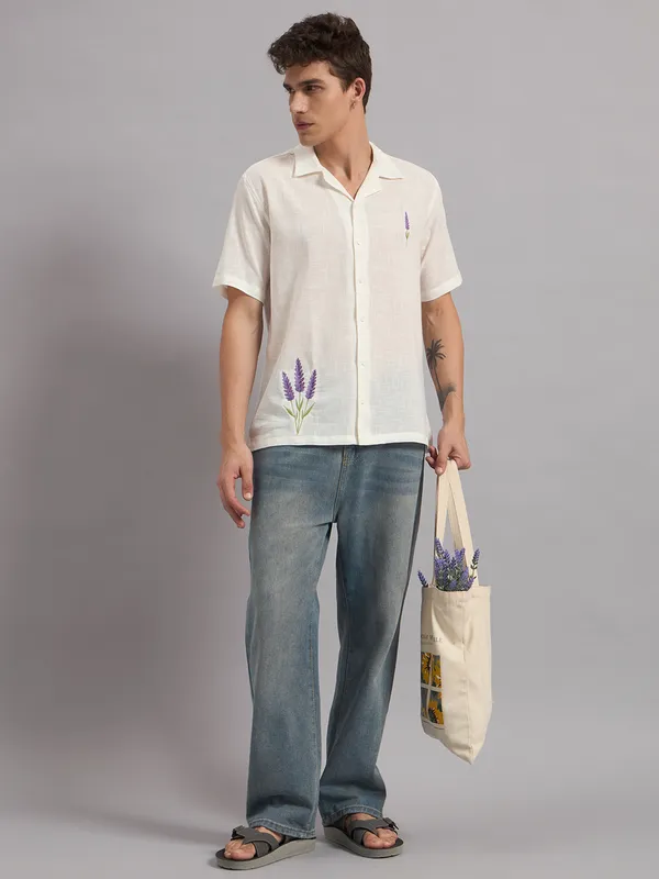 White_Organic_Cotton_Textured_Lavender_Floral_Embroidered_Camp_Collar_Shirt_For_Men