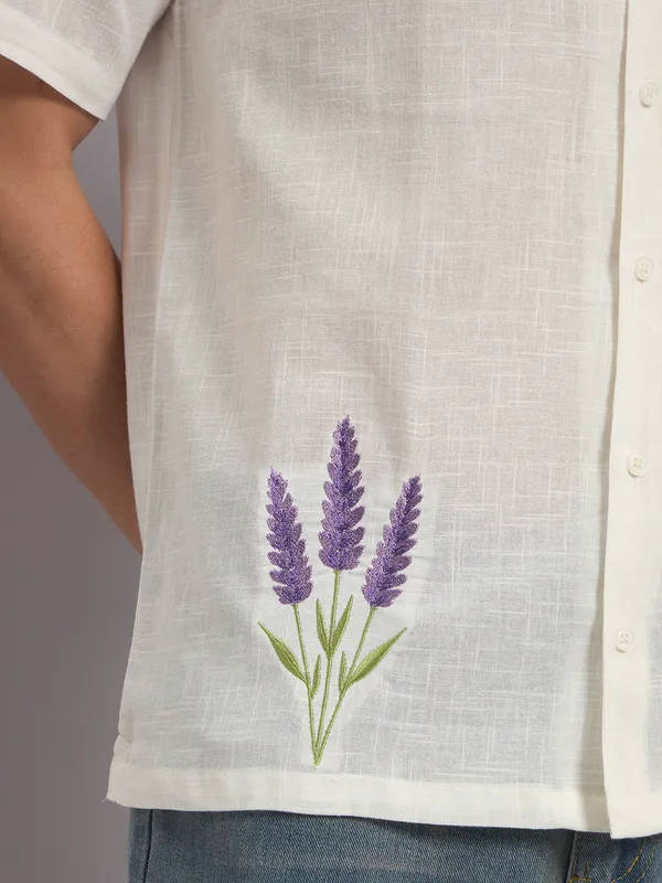 White_Organic_Cotton_Textured_Lavender_Floral_Embroidered_Camp_Collar_Shirt_For_Men