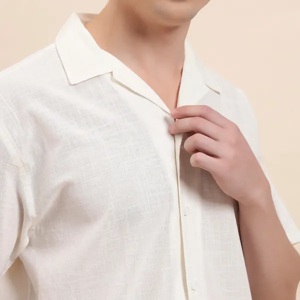 White_Organic_Cotton_Cactus_Motif_Open_Collar_Relaxed_Short_Sleeve_Shirt_For_Men