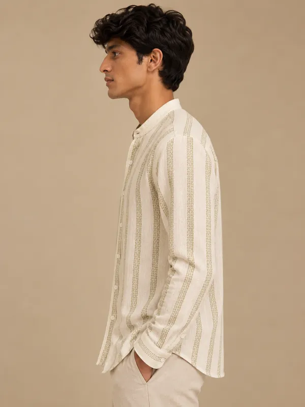 Beige_Organic_Cotton_Striped_Mandarin_Collar_Full_Sleeve_Shirt_For_Men