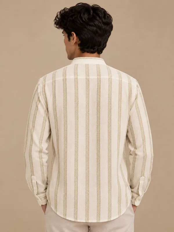 Beige_Organic_Cotton_Striped_Mandarin_Collar_Full_Sleeve_Shirt_For_Men