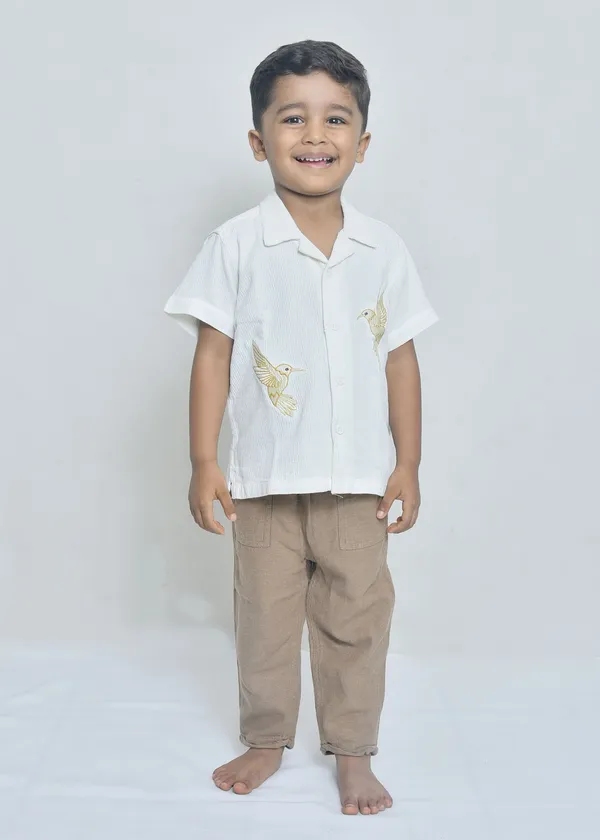 White_Organic_Cotton_Woven_Bird_Motif_Relaxed_Casual_Shirt_For_Boys