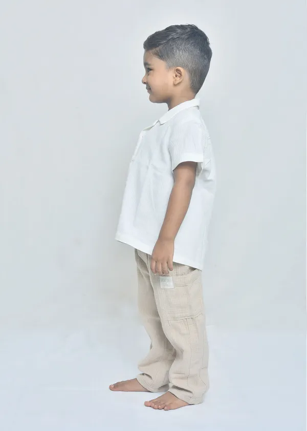 White_And_Beige_Organic_Cotton_Collared_Shirt_And_Trousers_Co-Ord_Set_For_Boys