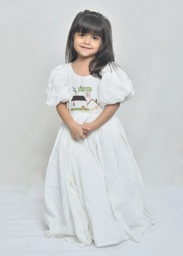 White_Organic_Cotton_Puff_Sleeve_Embroidered_Floor_Length_Dress_For_Girls