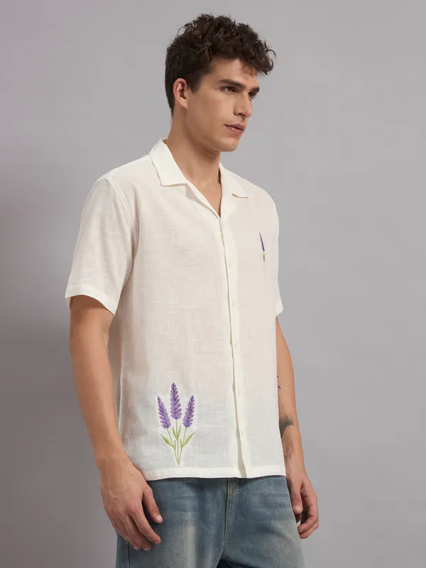 White_Organic_Cotton_Textured_Lavender_Floral_Embroidered_Camp_Collar_Shirt_For_Men
