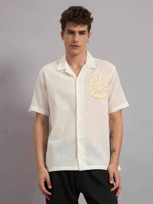 Cream_Organic_Cotton_Textured_Camp_Collar_Embroidered_Shirt_For_Men