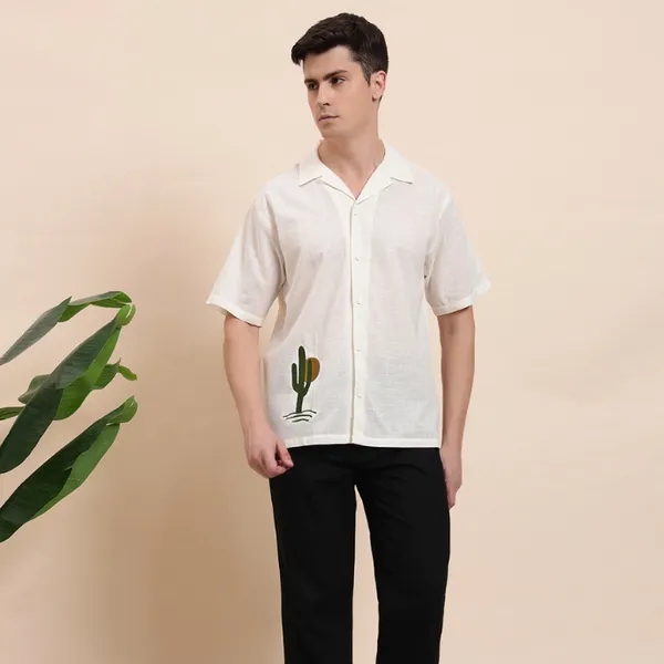 White_Organic_Cotton_Cactus_Motif_Open_Collar_Relaxed_Short_Sleeve_Shirt_For_Men