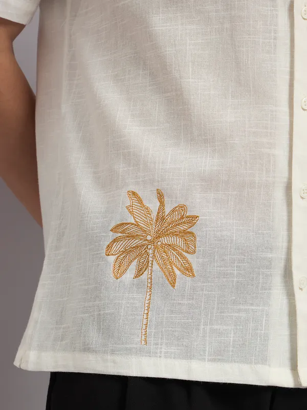 White_Organic_Cotton_Textured_Palm_Embroidered_Relaxed_Shirt_For_Men