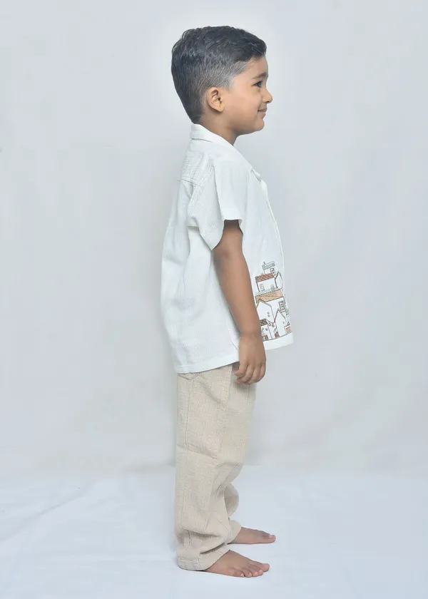 White_And_Beige_Organic_Cotton_Collared_Shirt_And_Trousers_Co-Ord_Set_For_Boys