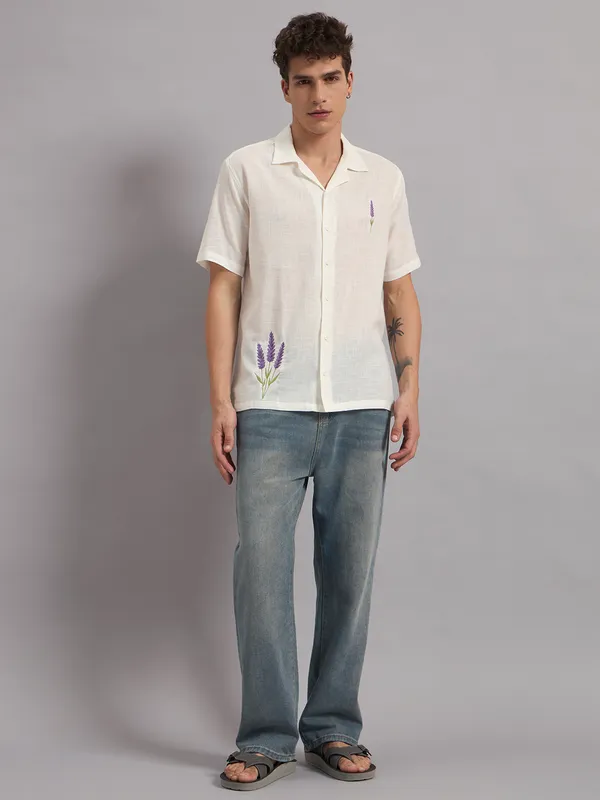 White_Organic_Cotton_Textured_Lavender_Floral_Embroidered_Camp_Collar_Shirt_For_Men
