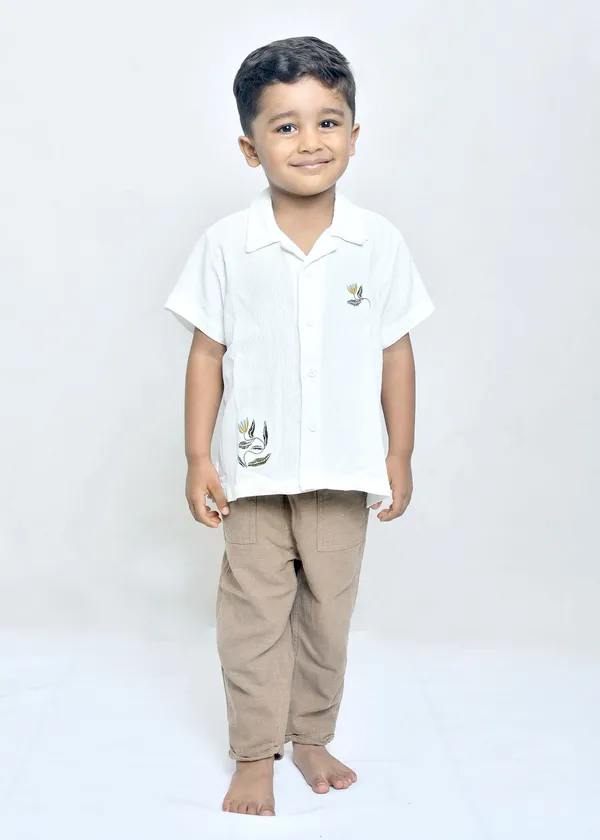 White_Organic_Cotton_Embroidered_Open_Collar_Relaxed_Short_Sleeve_Shirt_For_Boys