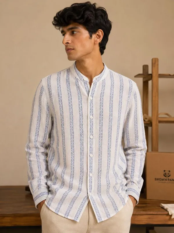 White_Handloom_Linen_Striped_Mandarin_Collar_Full_Sleeve_Shirt_For_Men