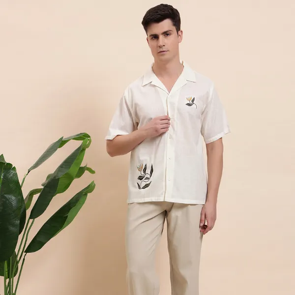 White_Organic_Cotton_Textured_Relaxed_Fit_Floral_Embroidered_Camp_Collar_Shirt_For_Men