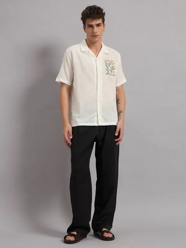 White_Organic_Cotton_Textured_Botanical_Embroidered_Relaxed_Fit_Shirt_For_Men