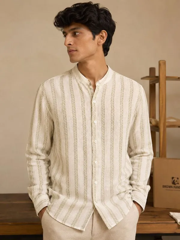 Beige_Organic_Cotton_Striped_Mandarin_Collar_Full_Sleeve_Shirt_For_Men