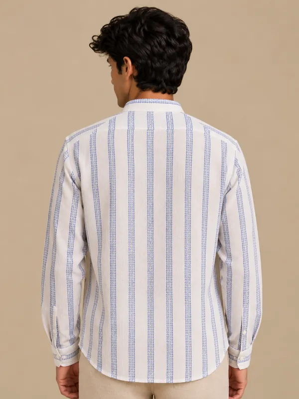 White_Handloom_Linen_Striped_Mandarin_Collar_Full_Sleeve_Shirt_For_Men