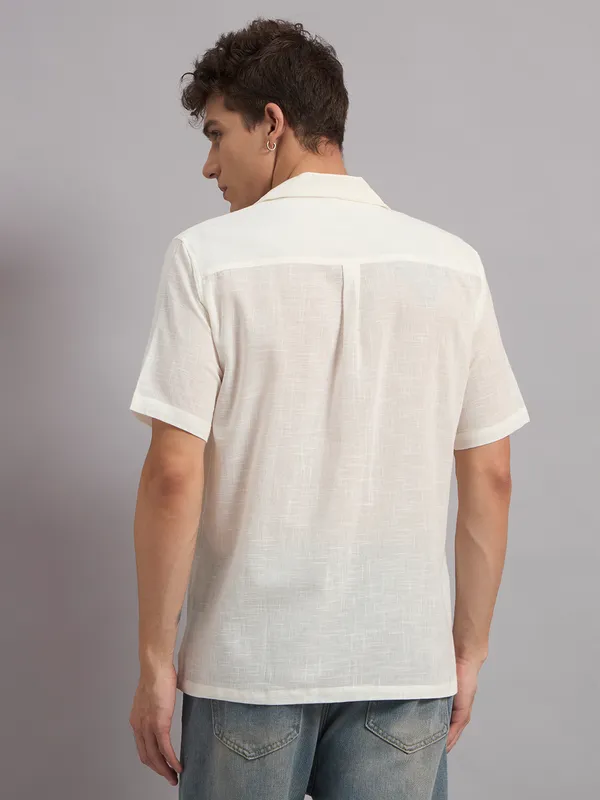 White_Organic_Cotton_Textured_Lavender_Floral_Embroidered_Camp_Collar_Shirt_For_Men