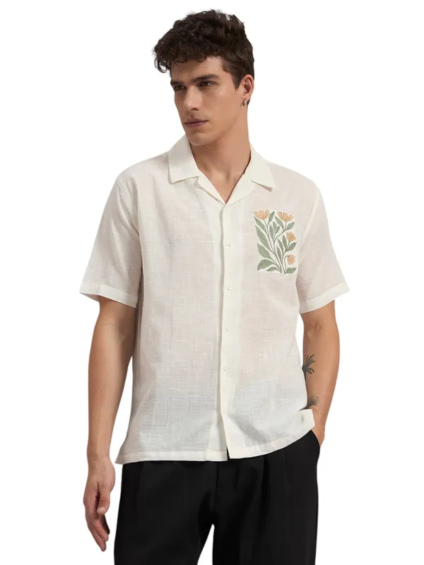 White_Organic_Cotton_Textured_Botanical_Embroidered_Relaxed_Fit_Shirt_For_Men