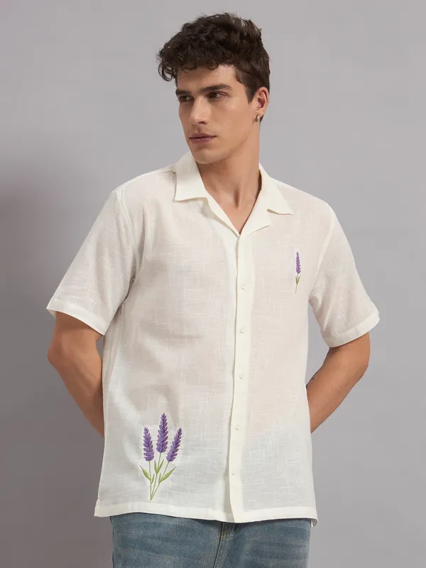 White_Organic_Cotton_Textured_Lavender_Floral_Embroidered_Camp_Collar_Shirt_For_Men