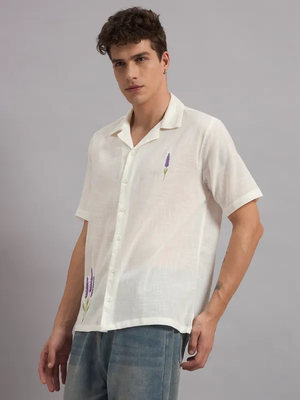 White_Organic_Cotton_Textured_Lavender_Floral_Embroidered_Camp_Collar_Shirt_For_Men