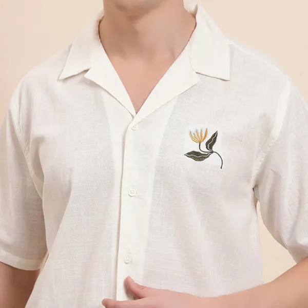 White_Organic_Cotton_Textured_Relaxed_Fit_Floral_Embroidered_Camp_Collar_Shirt_For_Men