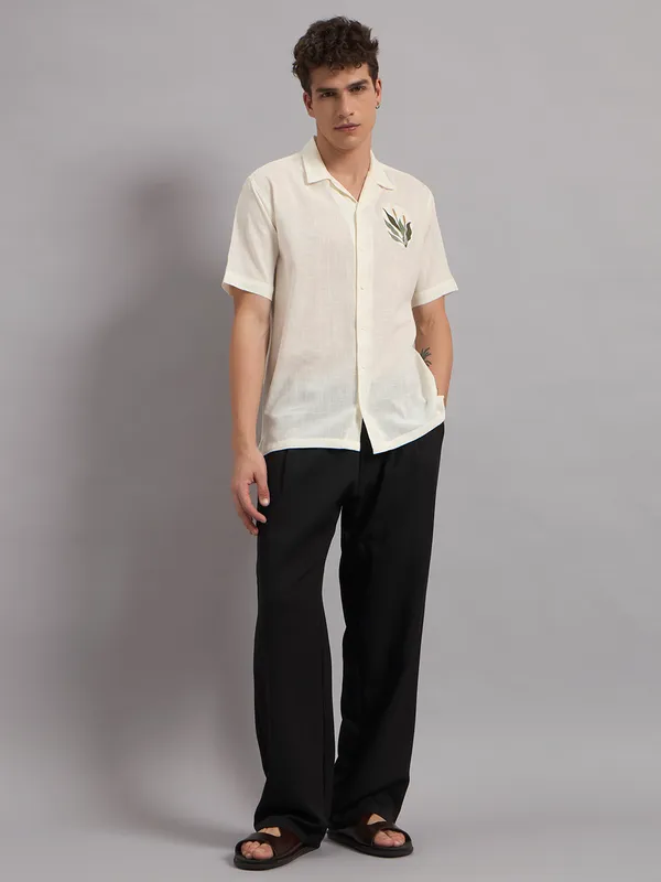 Cream_Organic_Cotton_Embroidered_Camp_Collar_Relaxed_Short_Sleeve_Shirt_For_Men