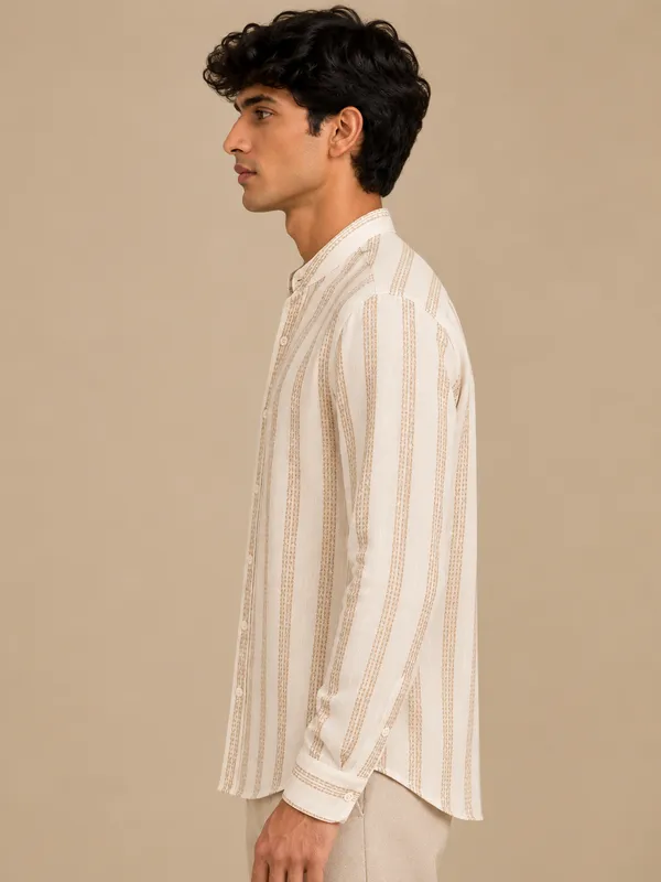 Cream_Organic_Cotton_Striped_Mandarin_Collar_Full_Sleeve_Shirt_For_Men
