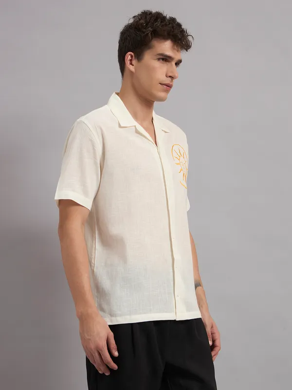 Cream_Organic_Cotton_Textured_Camp_Collar_Embroidered_Shirt_For_Men