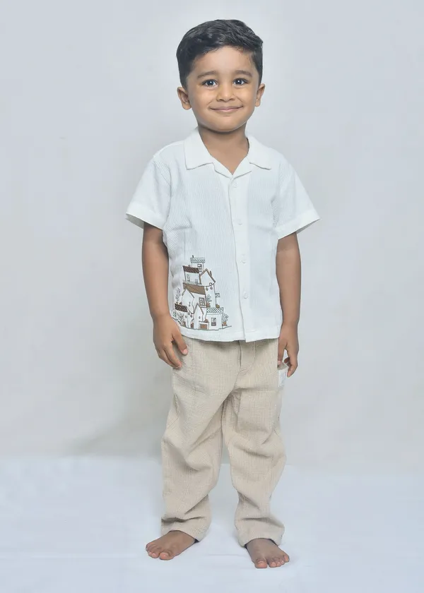 White_And_Beige_Organic_Cotton_Collared_Shirt_And_Trousers_Co-Ord_Set_For_Boys