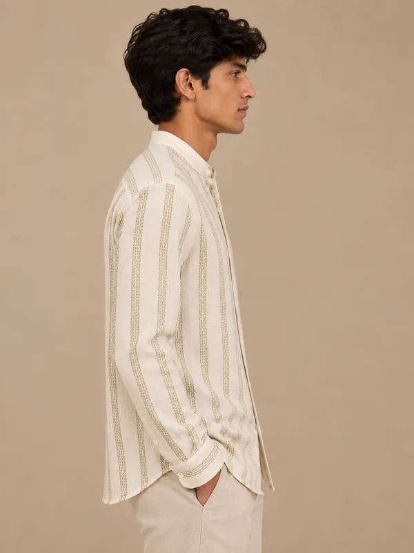 Beige_Organic_Cotton_Striped_Mandarin_Collar_Full_Sleeve_Shirt_For_Men