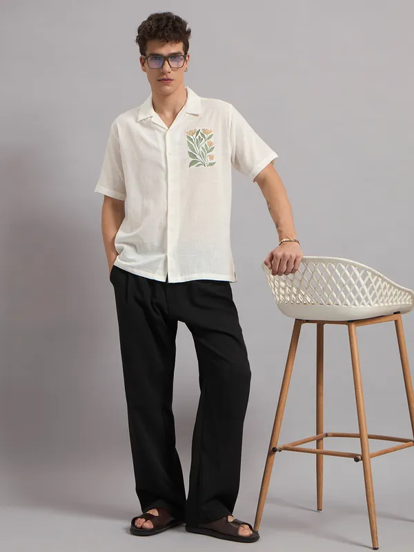 White_Organic_Cotton_Textured_Botanical_Embroidered_Relaxed_Fit_Shirt_For_Men