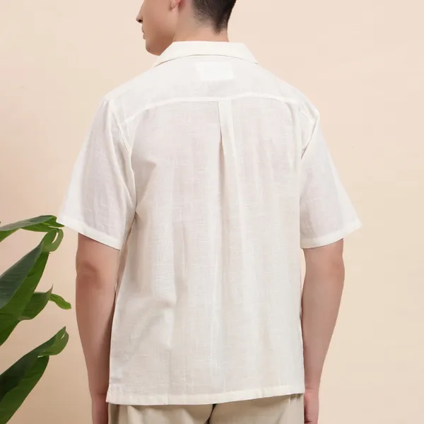 White_Organic_Cotton_Textured_Relaxed_Fit_Floral_Embroidered_Camp_Collar_Shirt_For_Men